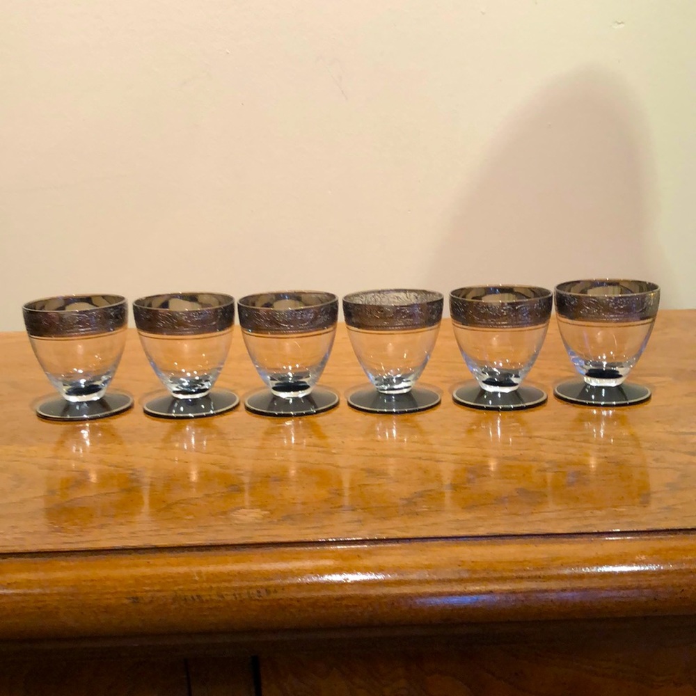 6 Vintage 1930s Maryland Glass Black Stem Liqueur Glasses Griffins Platinum Trim